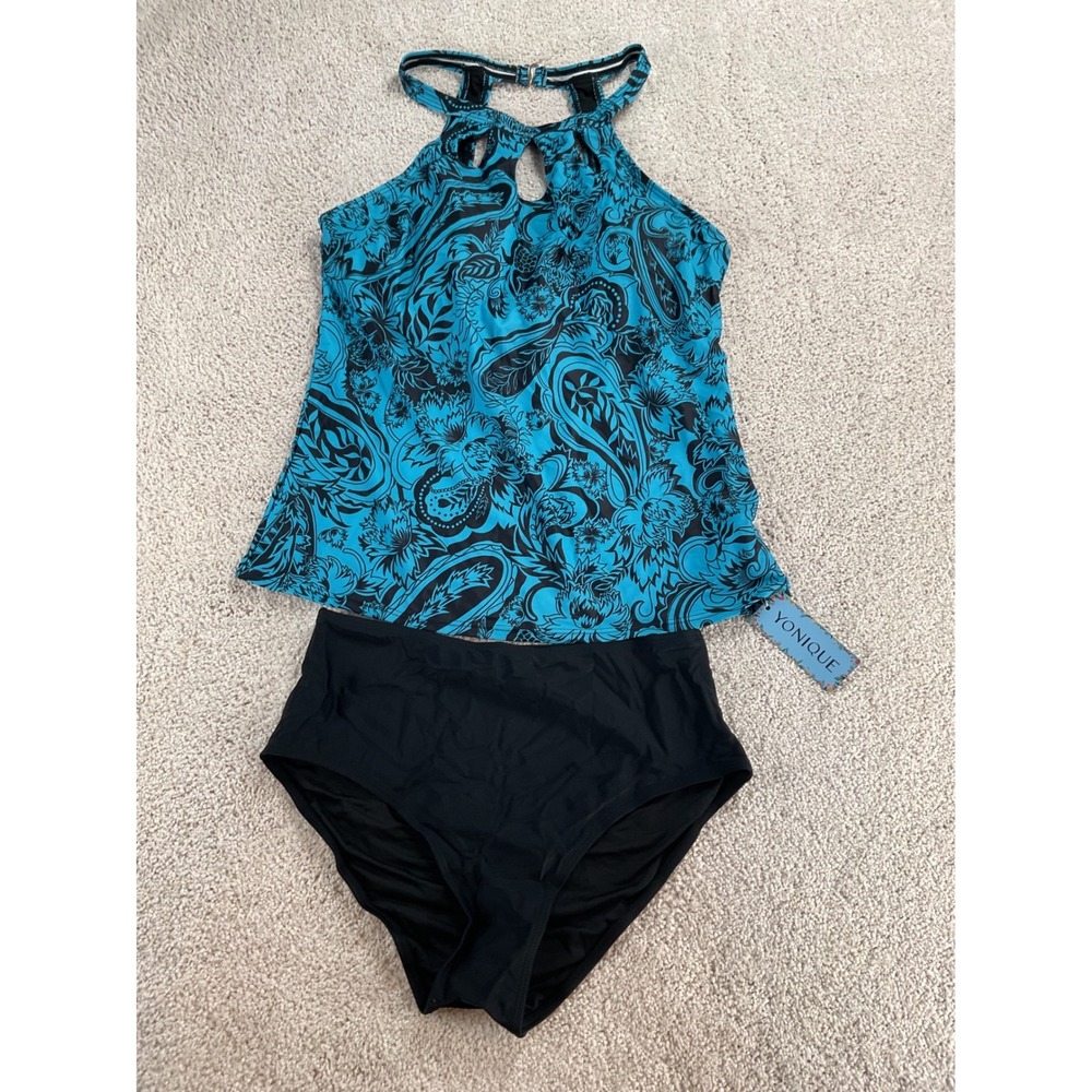 Yonique Womens Teal Paisley Halter Tankini Set High Waisted Bottoms Medium NEW‎